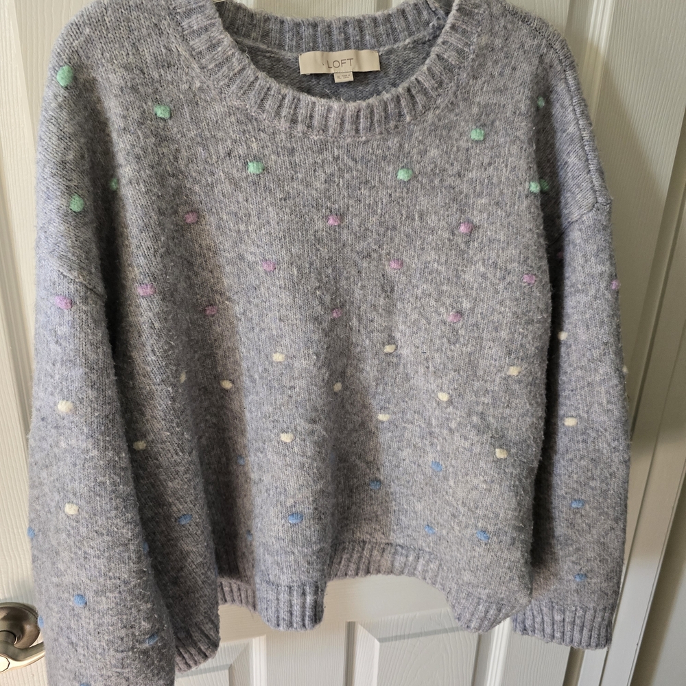 LOFT Gray Knit Sweater with Pastel Dot Accents